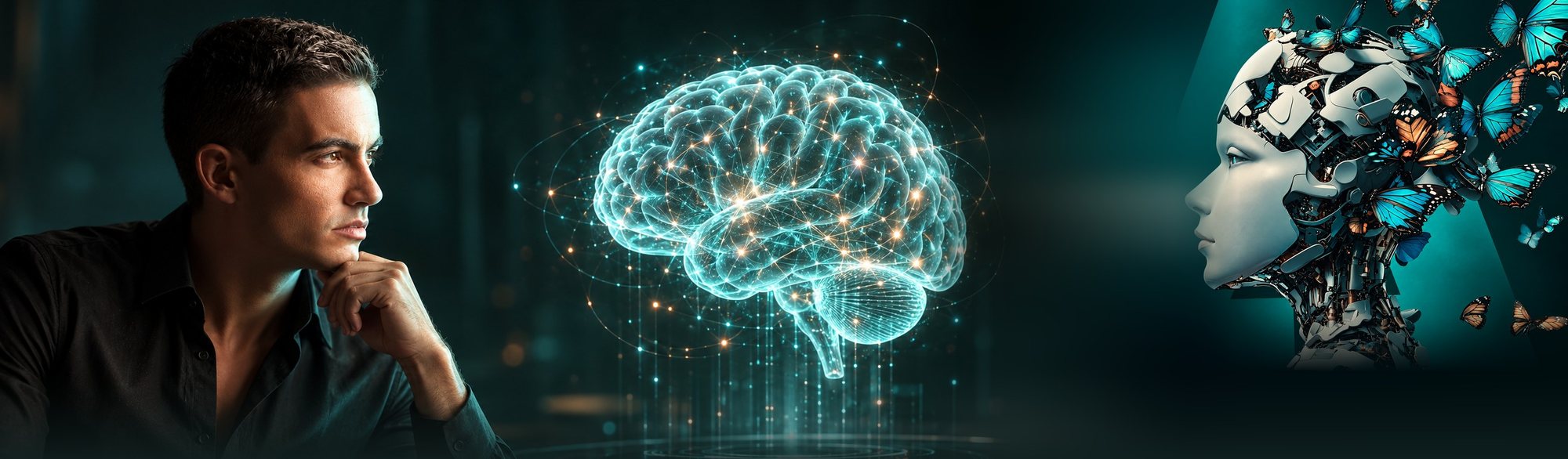 Illustration: a man in thought and a robot head with butterflies, facing a glowing holographic brain